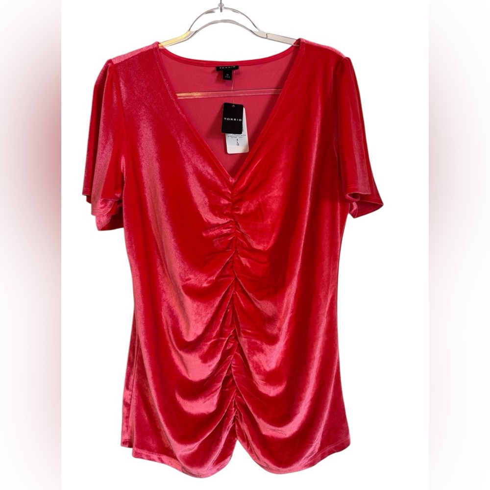 Torrid Hot Pink Velvet Ruched Short Sleeved Top, Size 0 (L/12) V Neck